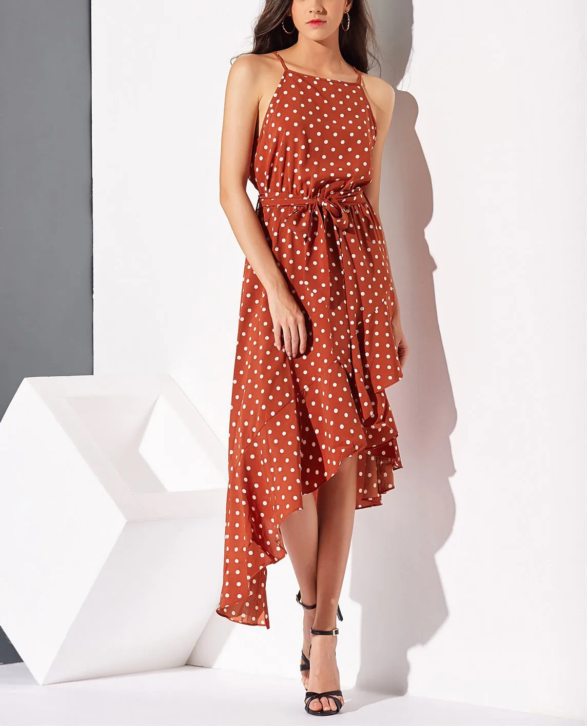 New Polka Dot Printed Irregular Hem Dress