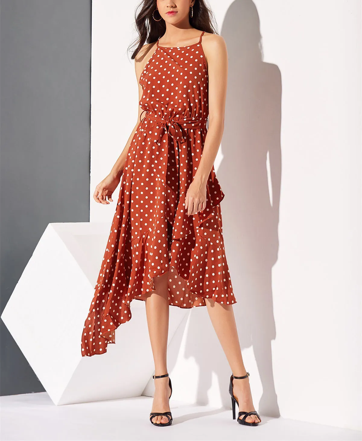 New Polka Dot Printed Irregular Hem Dress