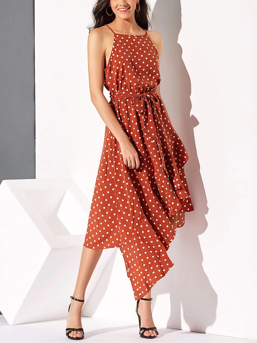 New Polka Dot Printed Irregular Hem Dress