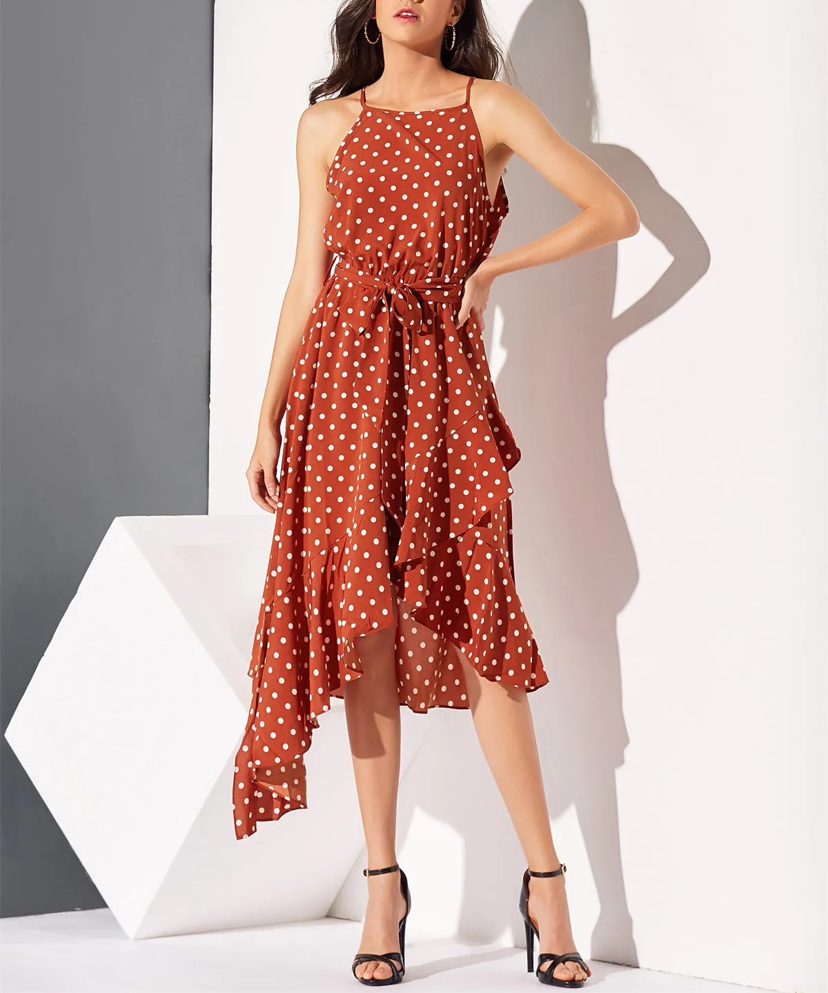 New Polka Dot Printed Irregular Hem Dress