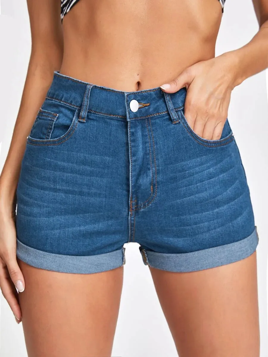 New SHEIN Mid-Waist Ripped Detail Cuffed Denim Shorts, Sz XL! Great stretch denim fabric