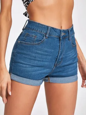 New SHEIN Mid-Waist Ripped Detail Cuffed Denim Shorts, Sz XL! Great stretch denim fabric