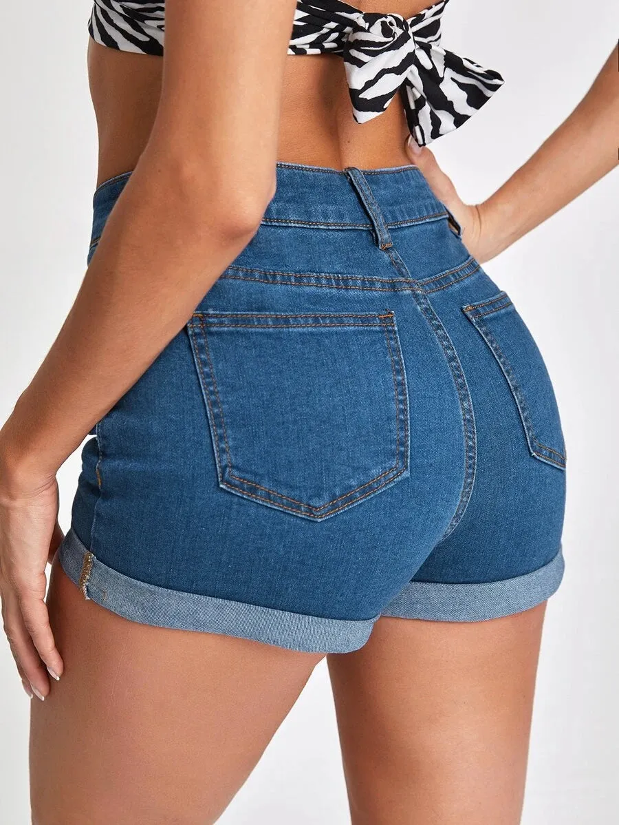 New SHEIN Mid-Waist Ripped Detail Cuffed Denim Shorts, Sz XL! Great stretch denim fabric