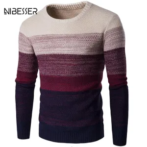 NIBESSER Brand Casual Sweater O-Neck Striped Slim Fit Men Long Sleeve Patchwork Male Pollover Sweater Casual Thin Clothes Autumn