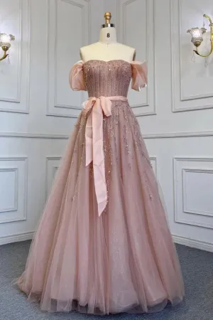 Off-The-Shoulder Bubble Sleeves Prom Dress in Pink with Sequins Tulle Belt