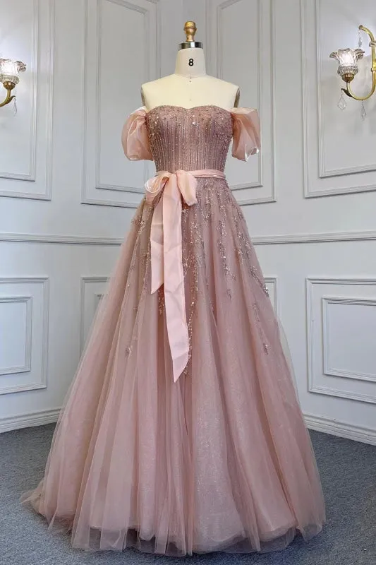 Off-The-Shoulder Bubble Sleeves Prom Dress in Pink with Sequins Tulle Belt