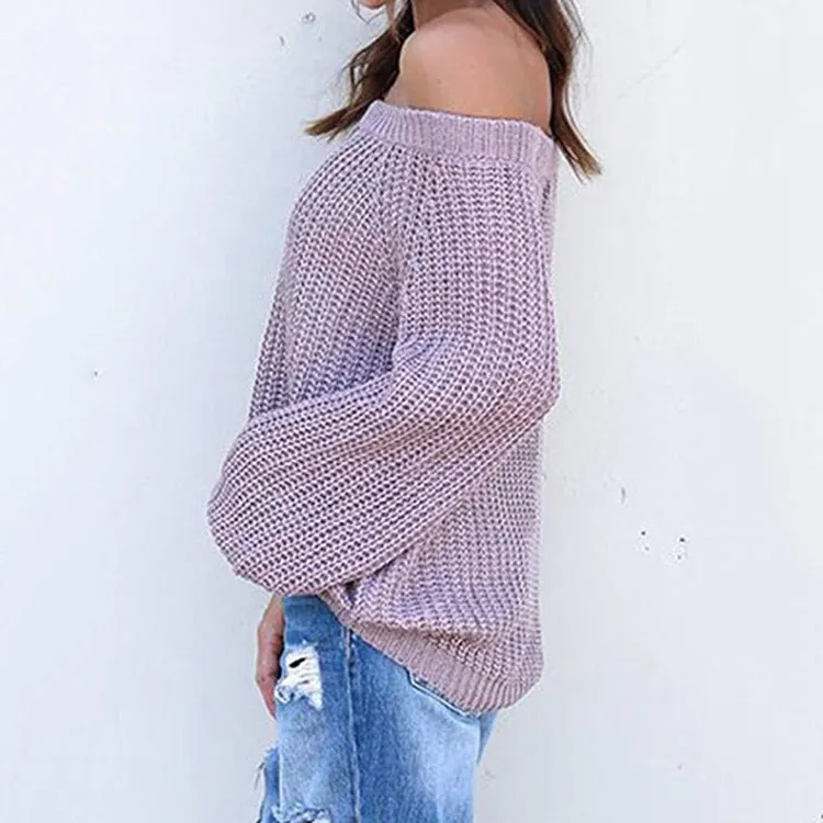 Off-the-shoulder Large Size Pullover Lantern Sleeves Sweater