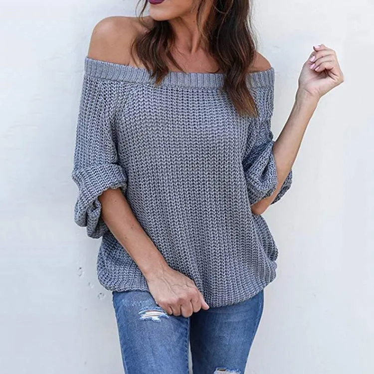 Off-the-shoulder Large Size Pullover Lantern Sleeves Sweater