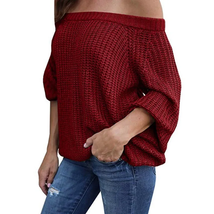 Off-the-shoulder Large Size Pullover Lantern Sleeves Sweater