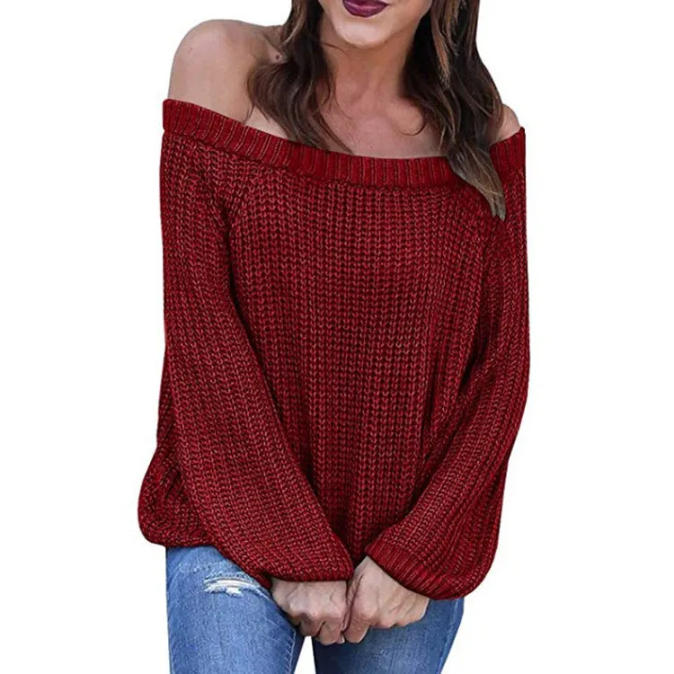 Off-the-shoulder Large Size Pullover Lantern Sleeves Sweater