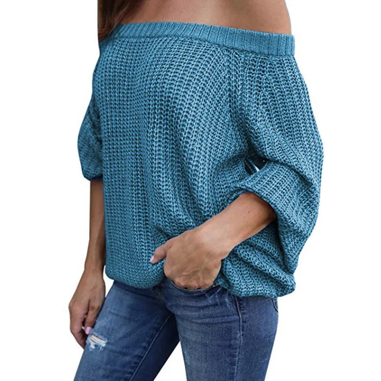Off-the-shoulder Large Size Pullover Lantern Sleeves Sweater