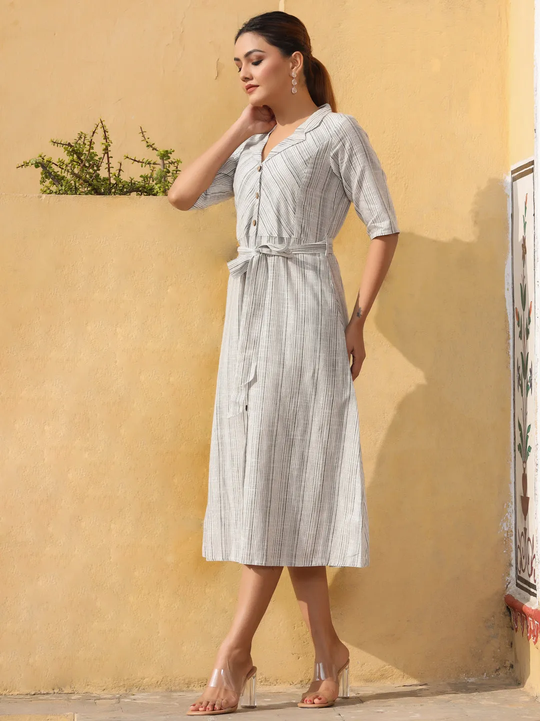 Off White Yarn Dyed A Line Dress