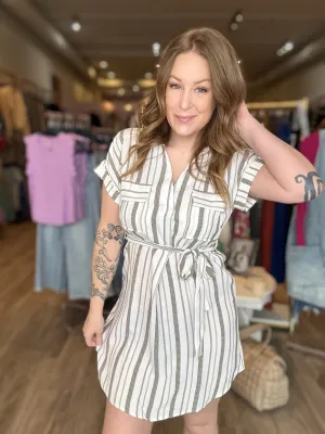 Olive Stripe Belted Shirt Dress