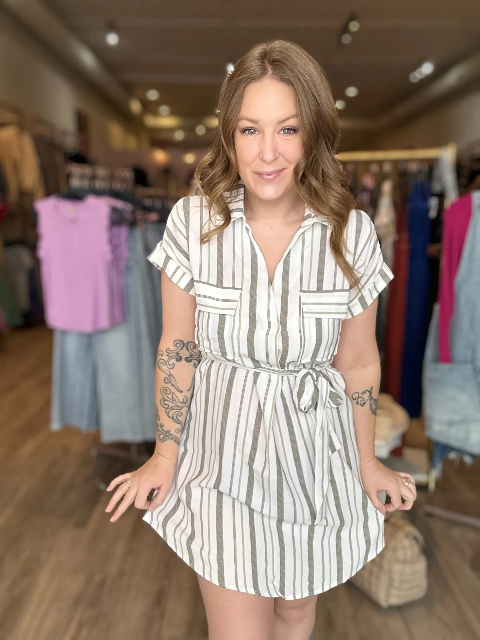 Olive Stripe Belted Shirt Dress