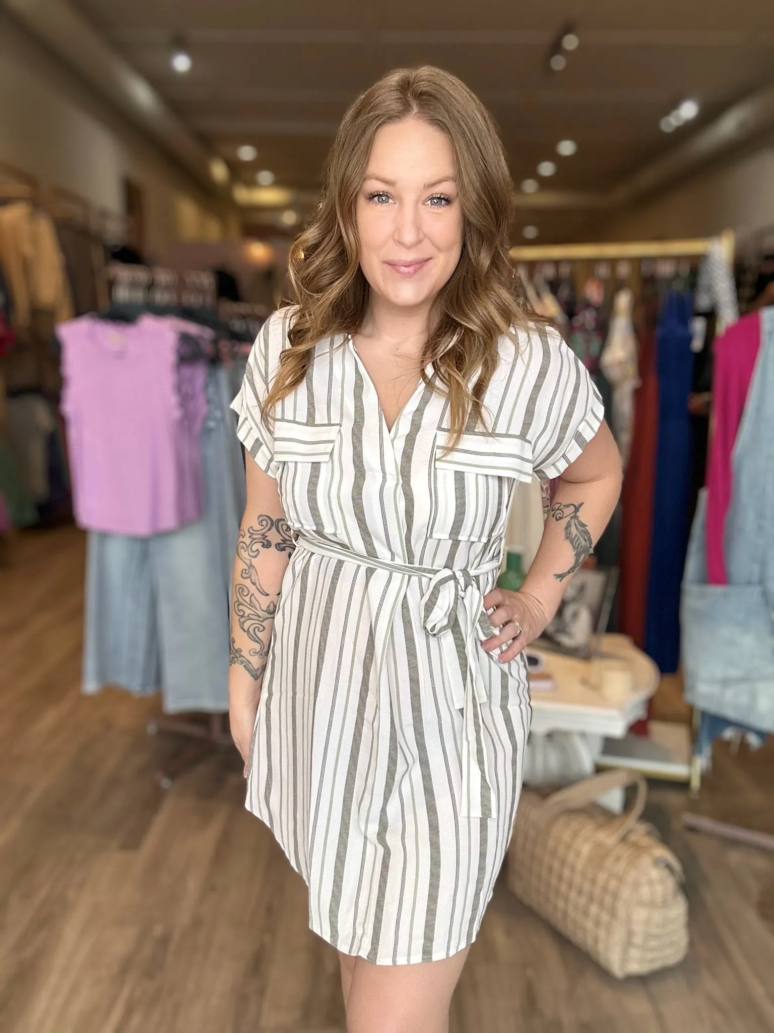 Olive Stripe Belted Shirt Dress