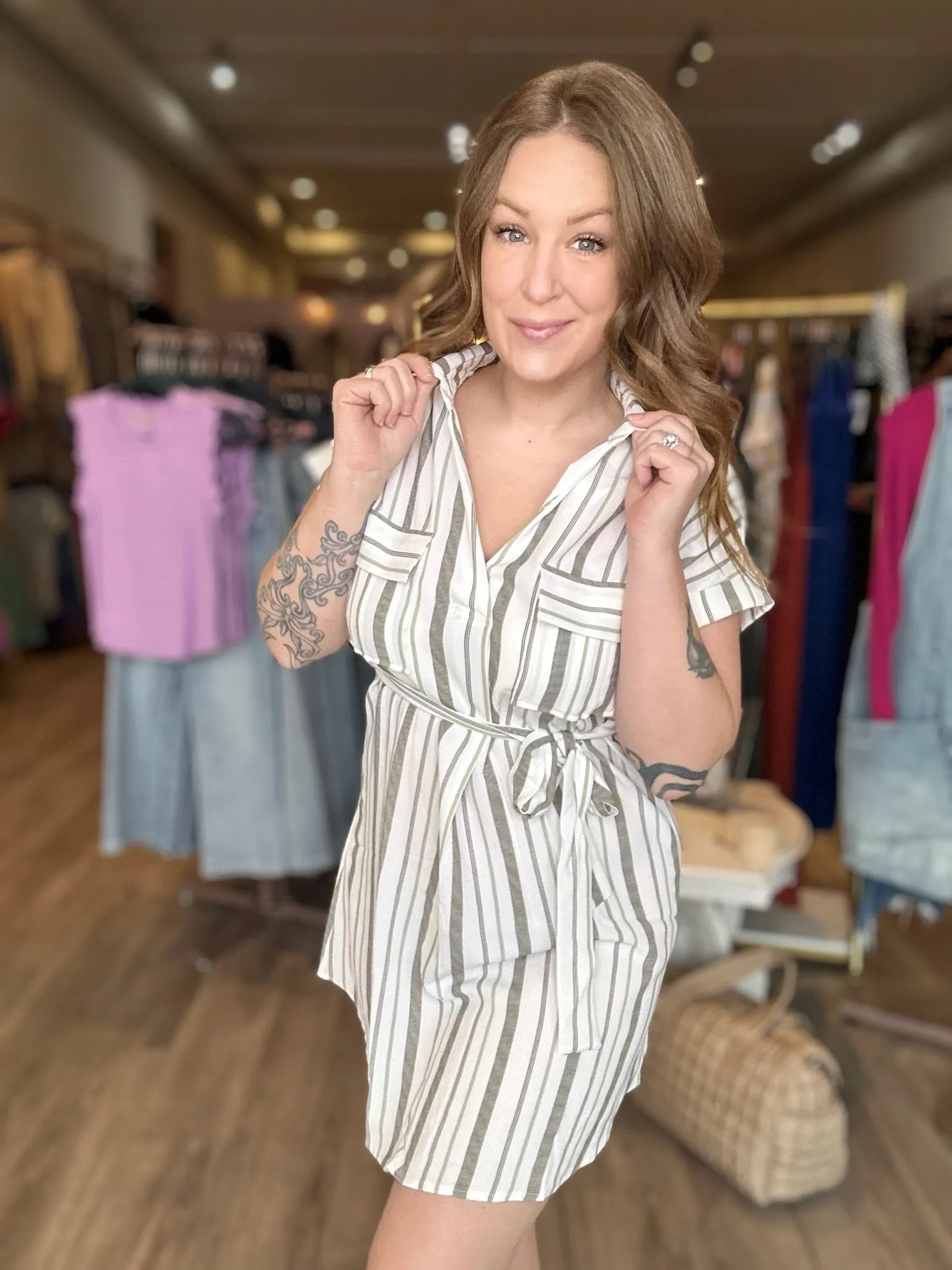 Olive Stripe Belted Shirt Dress
