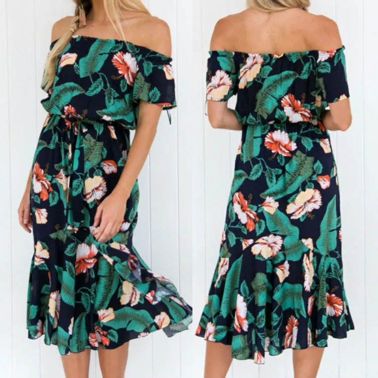 One-shoulder Leaf Print Beach Dress