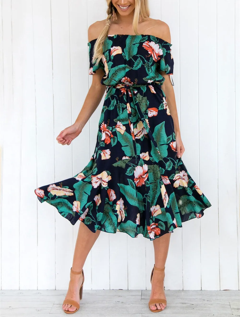One-shoulder Leaf Print Beach Dress