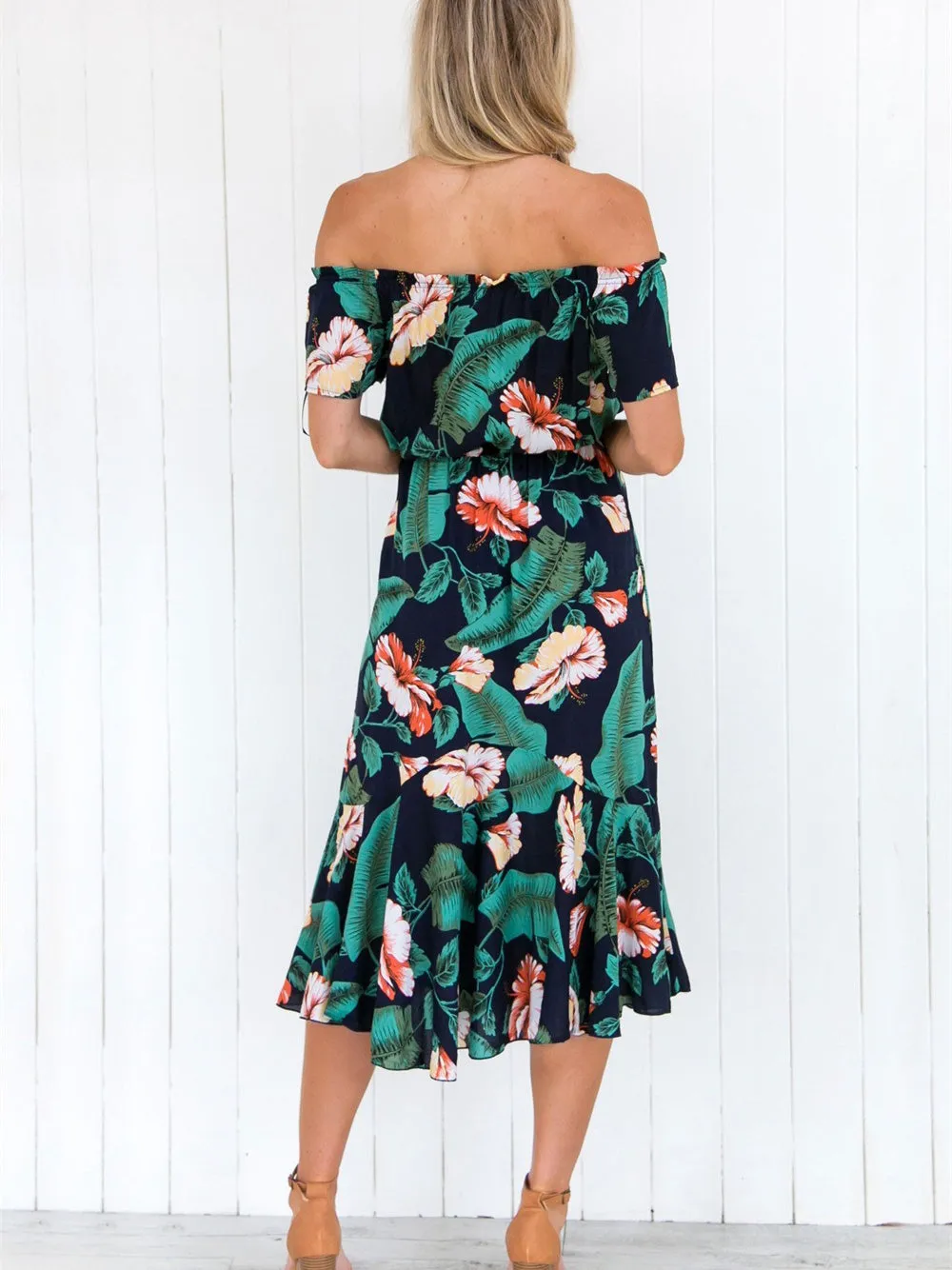 One-shoulder Leaf Print Beach Dress