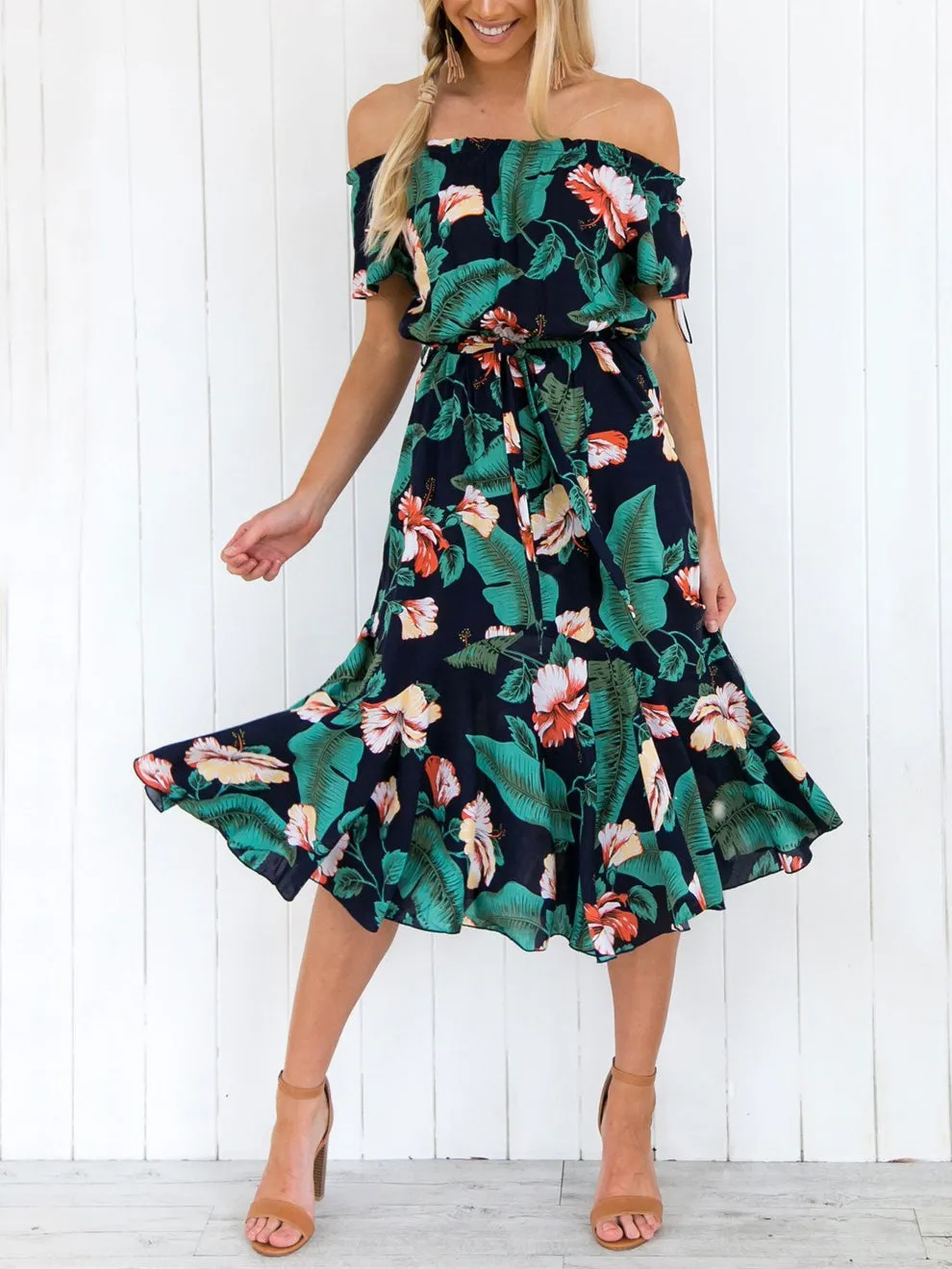 One-shoulder Leaf Print Beach Dress