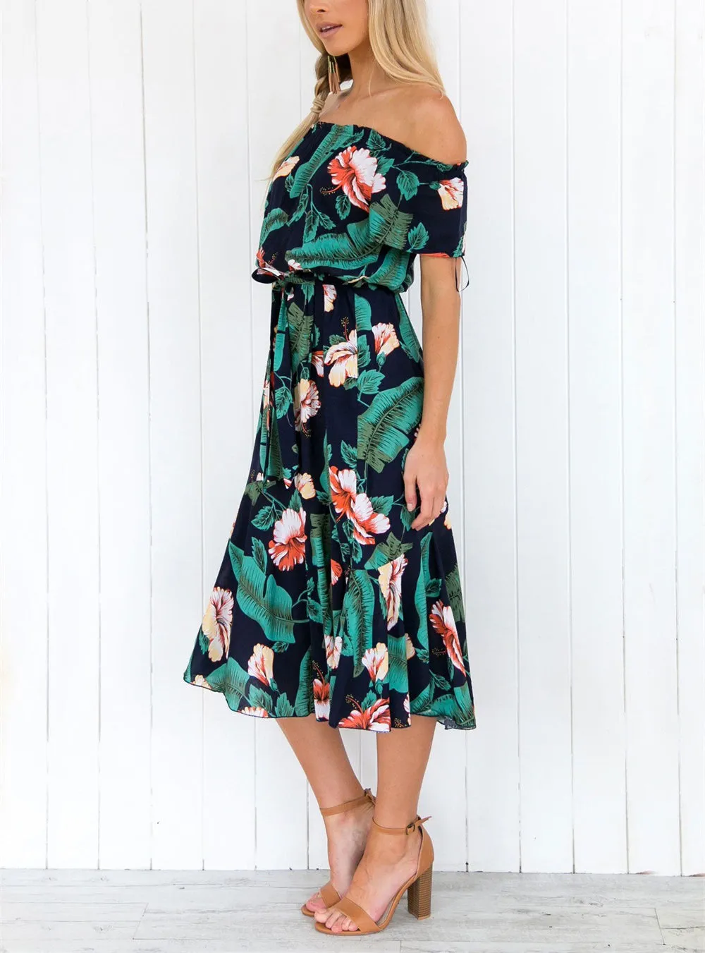 One-shoulder Leaf Print Beach Dress