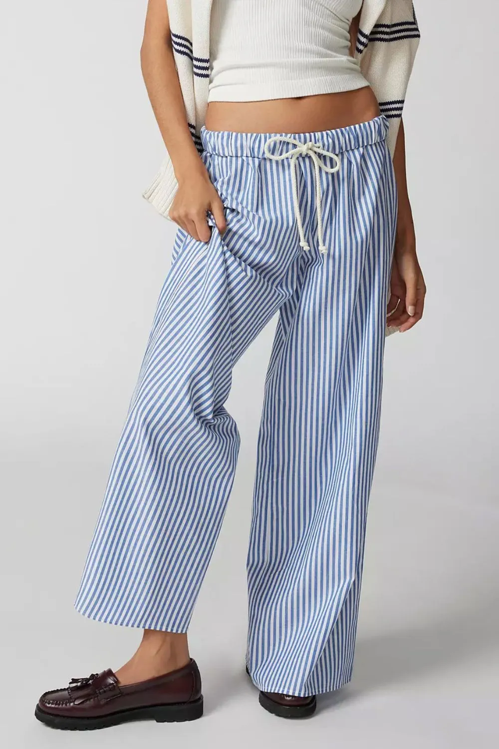 Outstanding drawstring striped pants wide leg