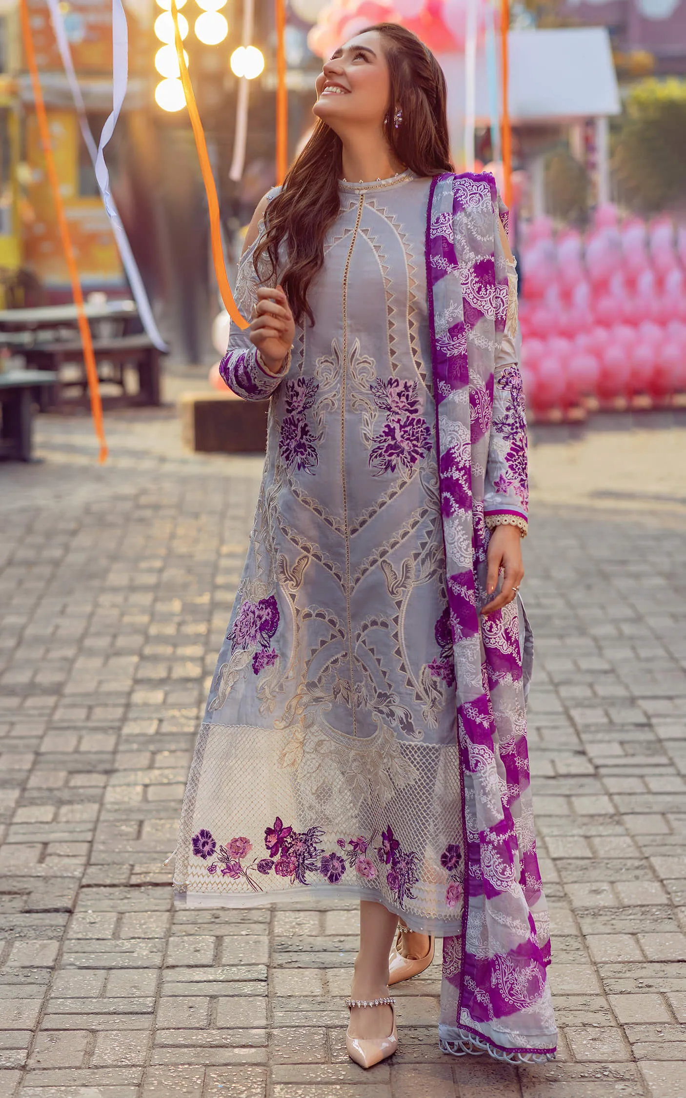 Pakistani Eid Dresses in Chikan Violet Kameez Salwar