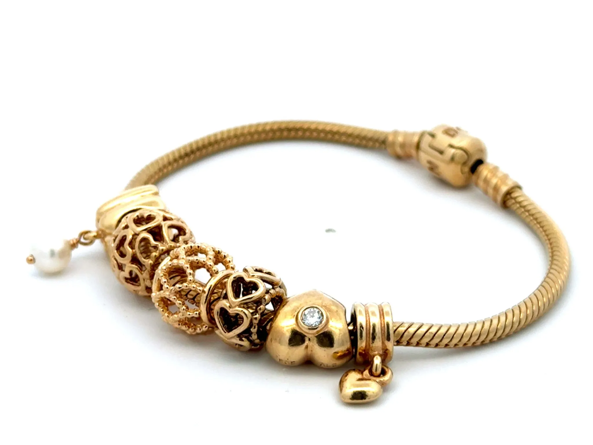 Pandora 14k Solid Yellow Gold 6 Charm Diamond Heart Bracelet
