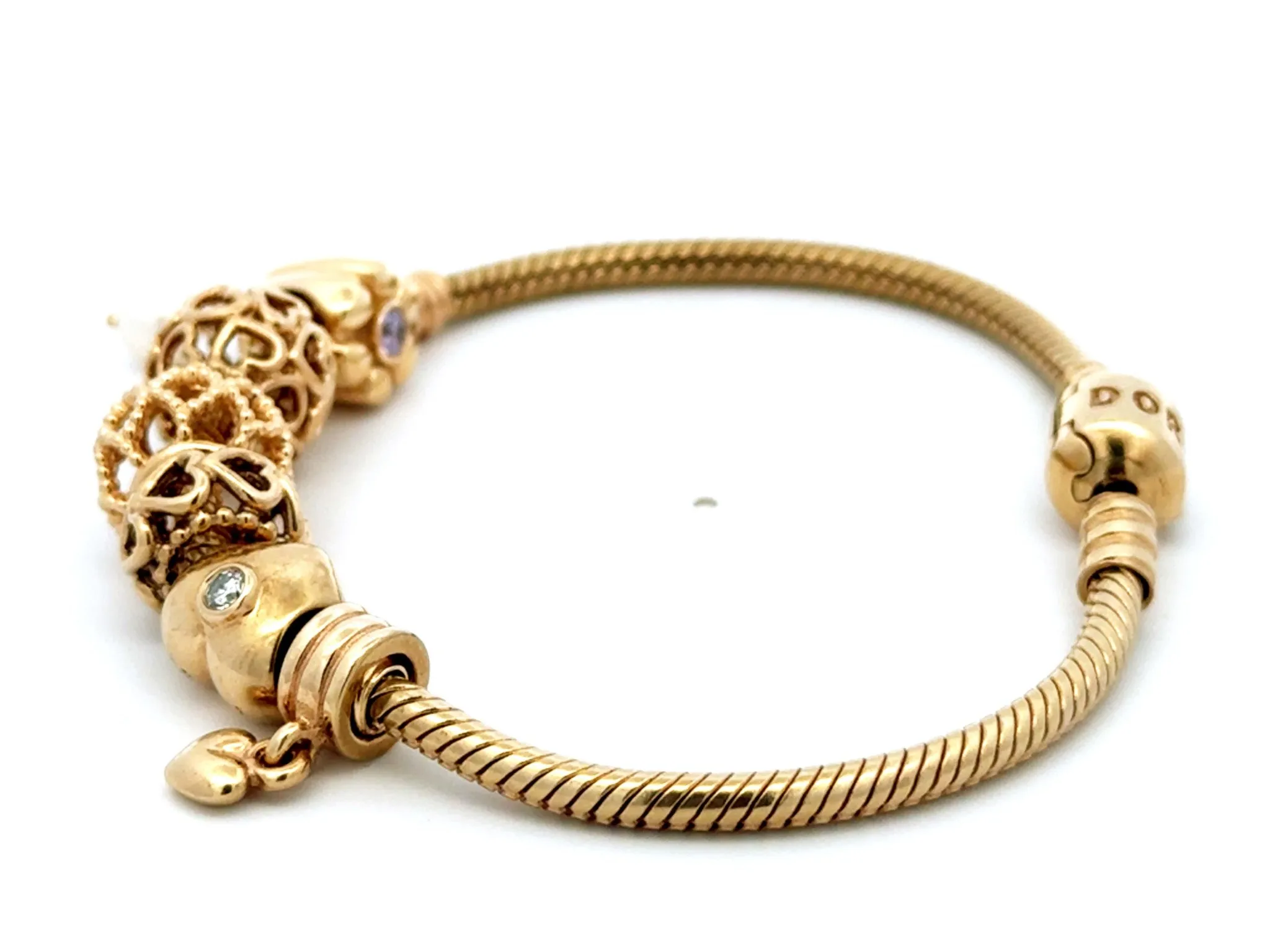 Pandora 14k Solid Yellow Gold 6 Charm Diamond Heart Bracelet