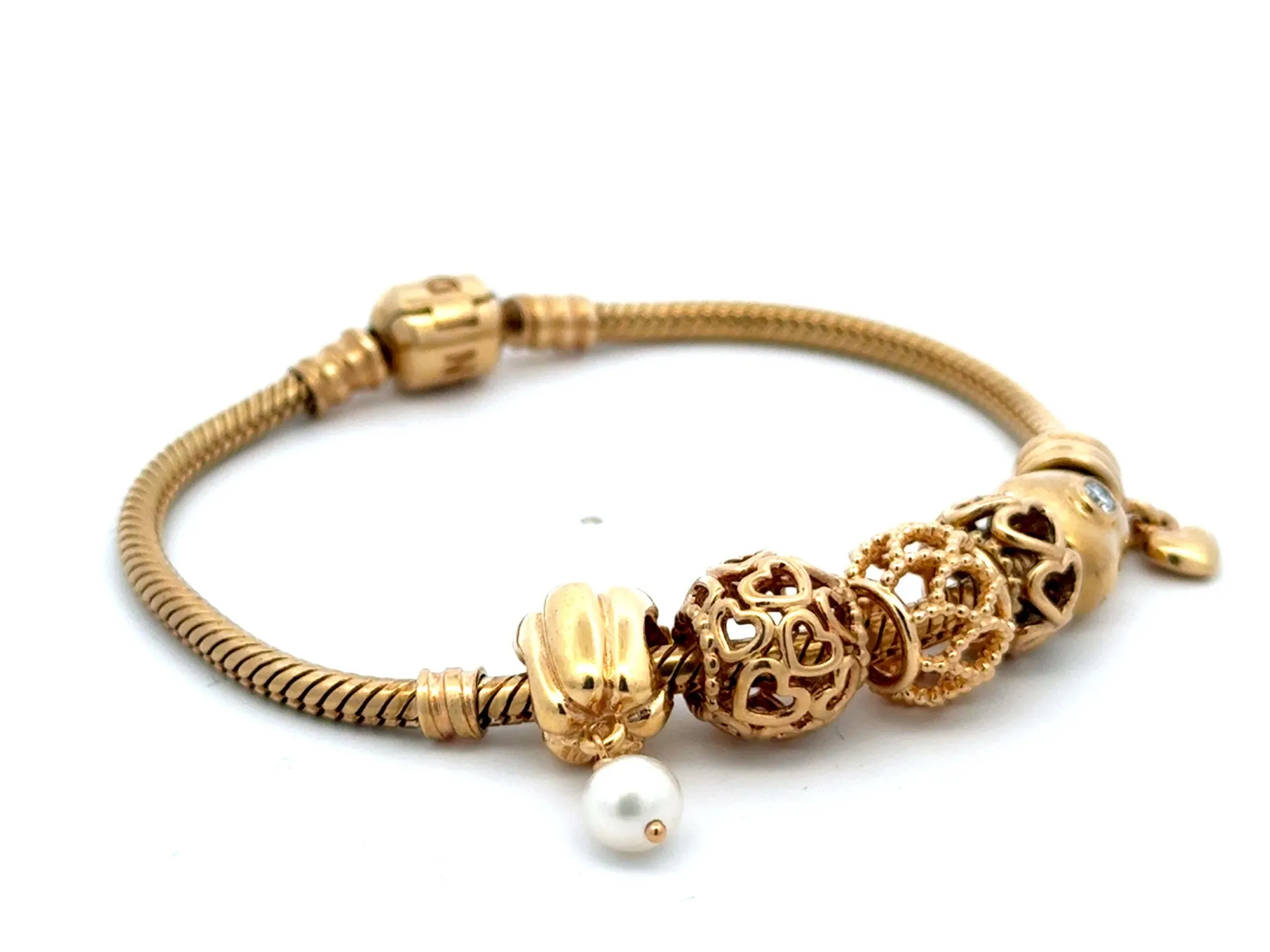Pandora 14k Solid Yellow Gold 6 Charm Diamond Heart Bracelet