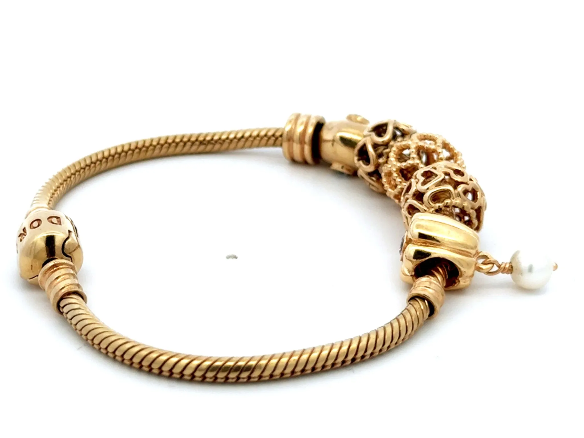 Pandora 14k Solid Yellow Gold 6 Charm Diamond Heart Bracelet