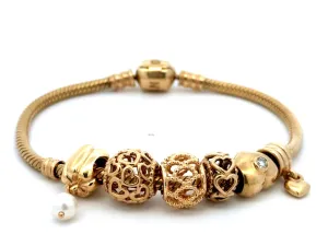 Pandora 14k Solid Yellow Gold 6 Charm Diamond Heart Bracelet