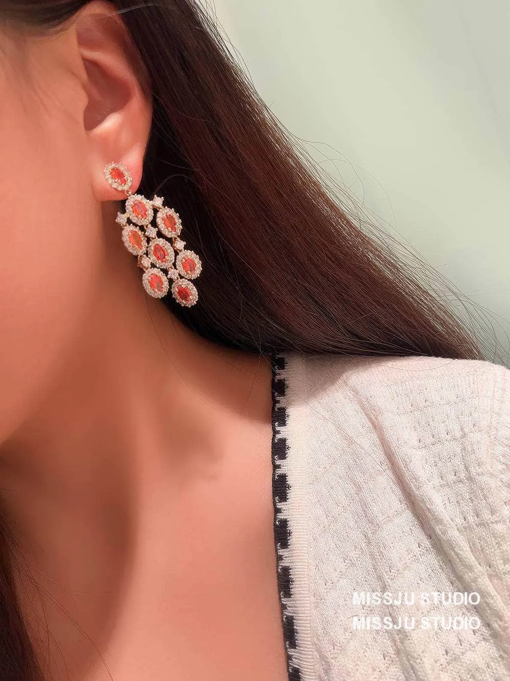 Paved Crystal Ruby Tassel Chandelier Earrings