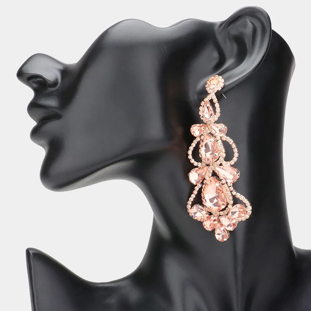 Peach Teardrop Cluster Chandelier Pageant Earrings  | Peach Evening Earrings |  630817