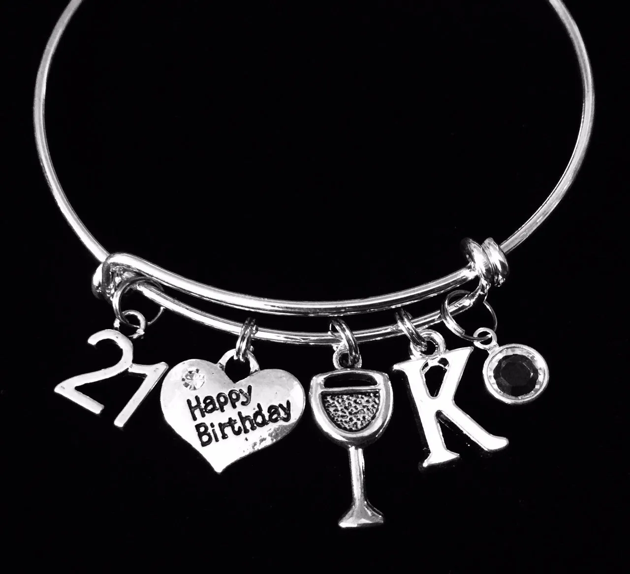 Personalized Happy 21st Birthday Wine Glass Birthstone Expandable Silver Charm Bracelet Adjustable Bangle Trendy 21 Gift