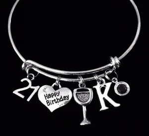Personalized Happy 21st Birthday Wine Glass Birthstone Expandable Silver Charm Bracelet Adjustable Bangle Trendy 21 Gift