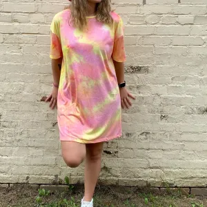 Pink and Yellow Tie-Dye T-Shirt Dress