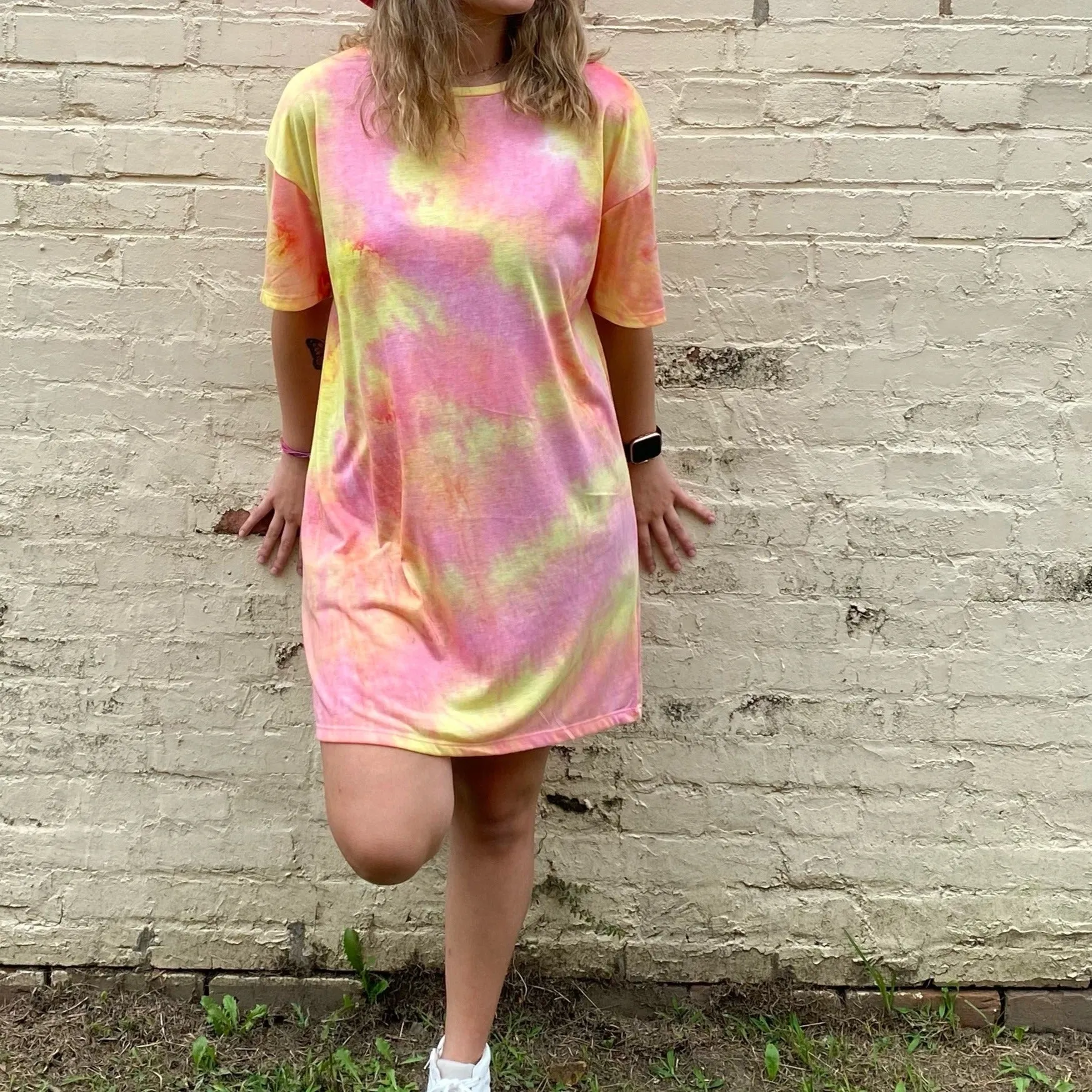 Pink and Yellow Tie-Dye T-Shirt Dress
