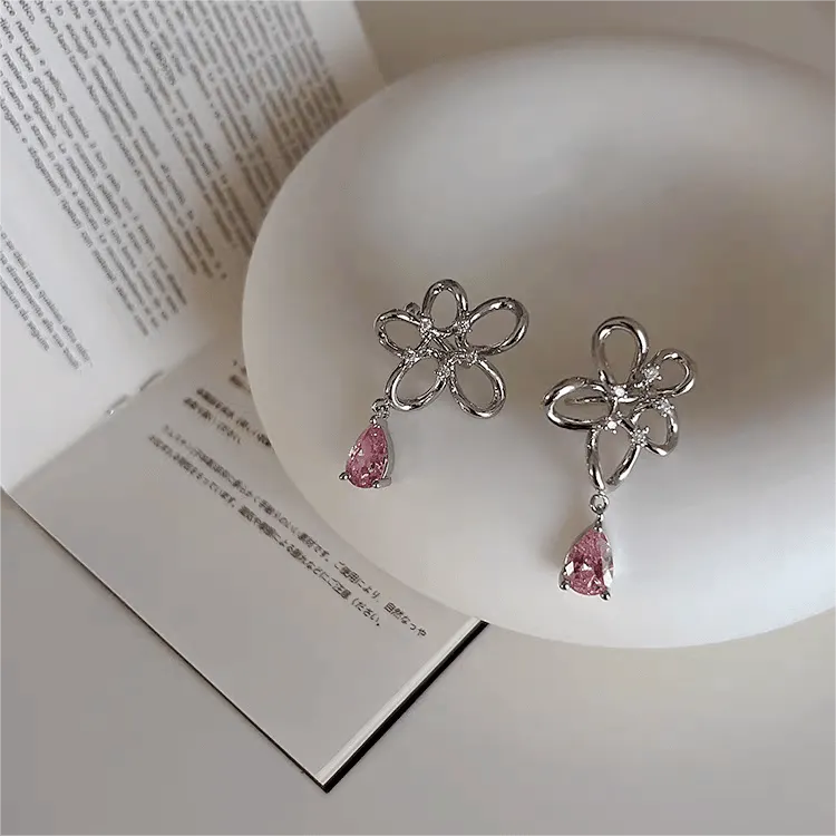 Pink Crystal Floral Dangle Ear Cuff Earrings