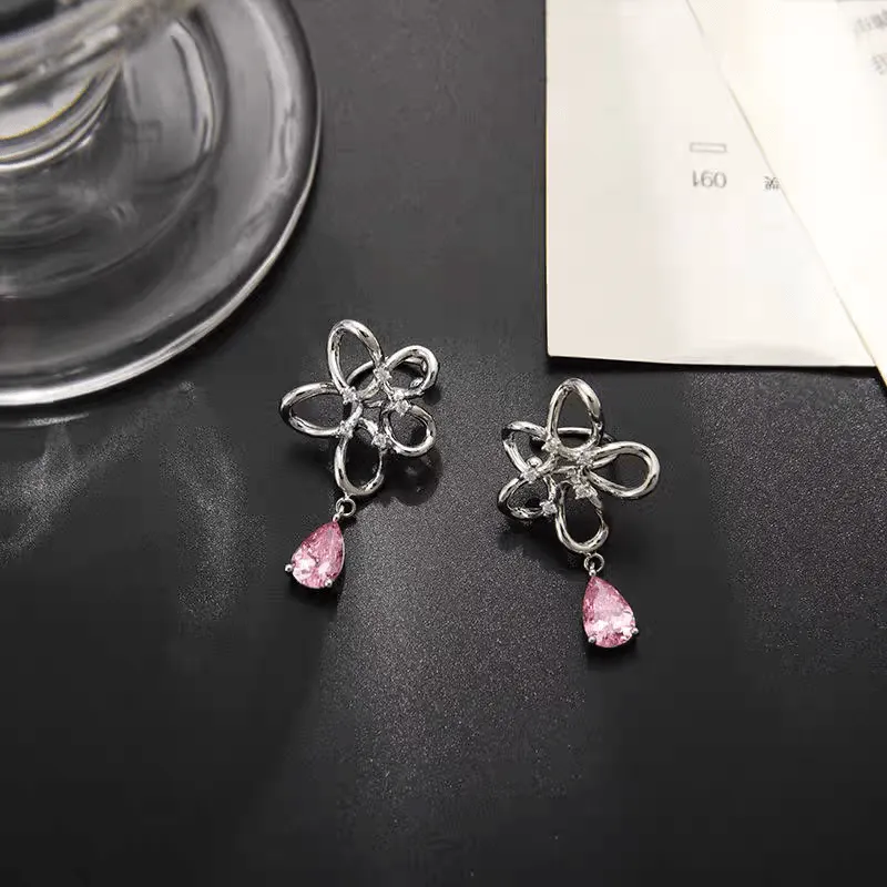 Pink Crystal Floral Dangle Ear Cuff Earrings