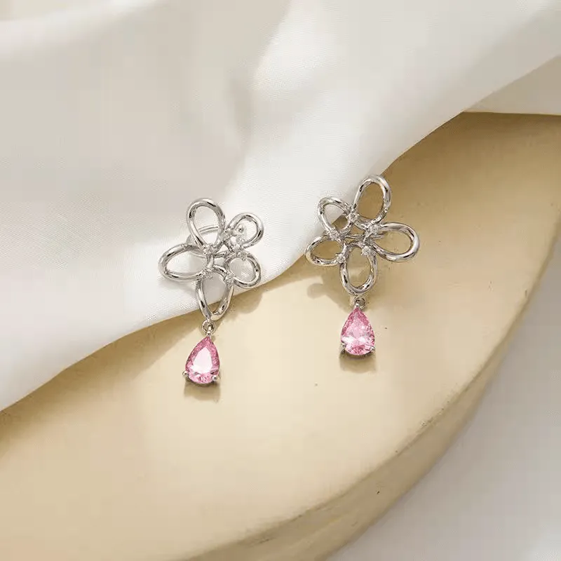 Pink Crystal Floral Dangle Ear Cuff Earrings