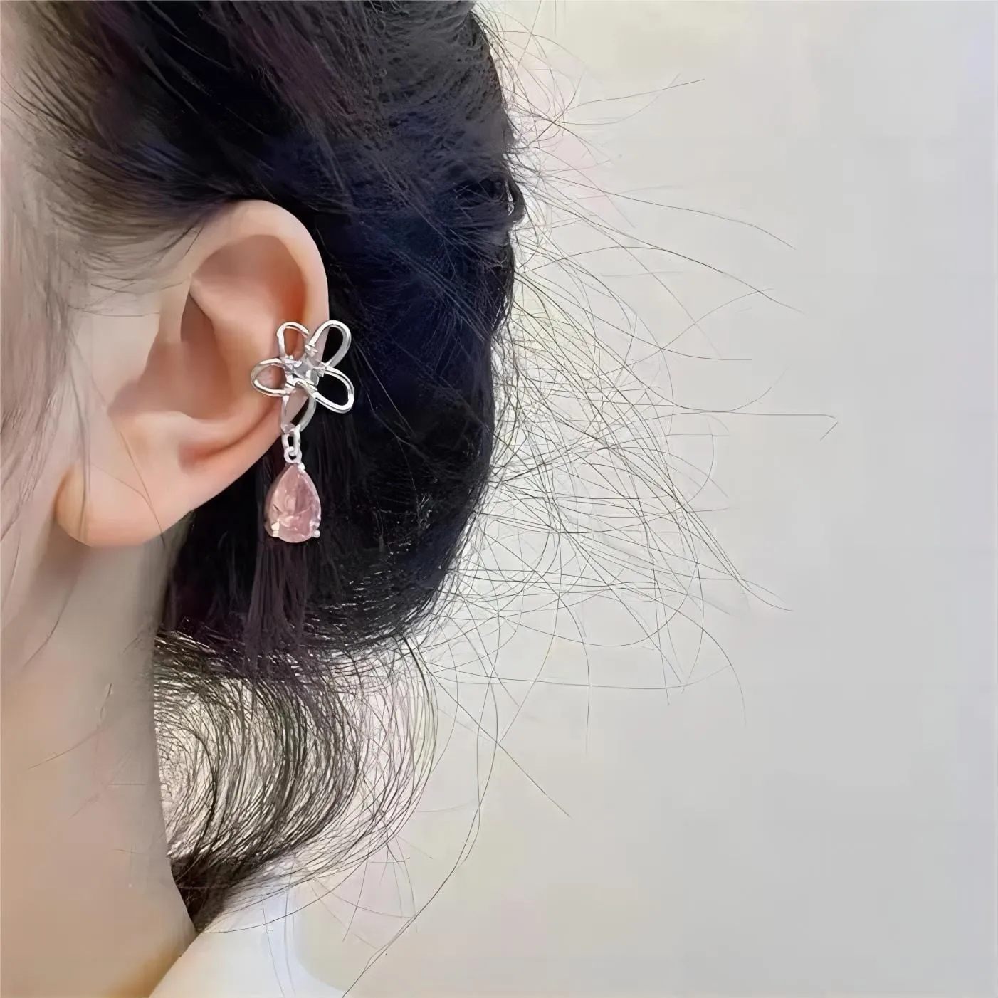Pink Crystal Floral Dangle Ear Cuff Earrings