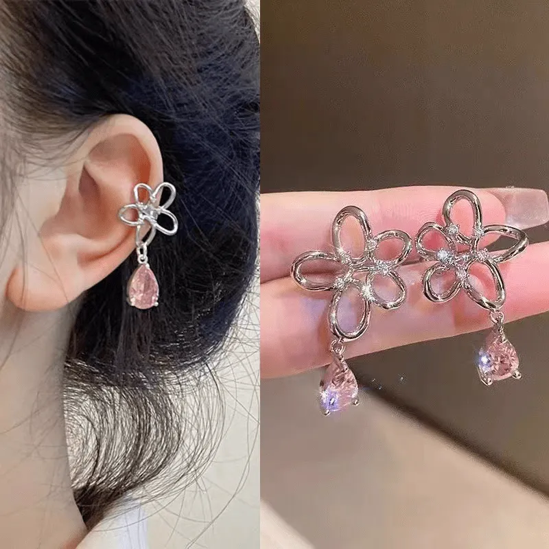 Pink Crystal Floral Dangle Ear Cuff Earrings