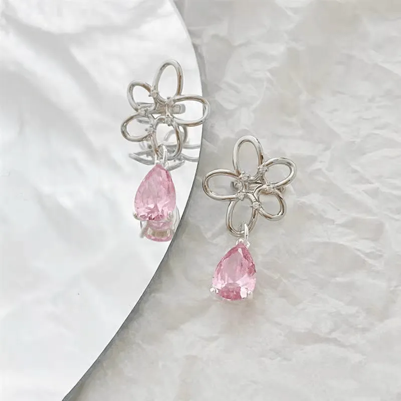 Pink Crystal Floral Dangle Ear Cuff Earrings