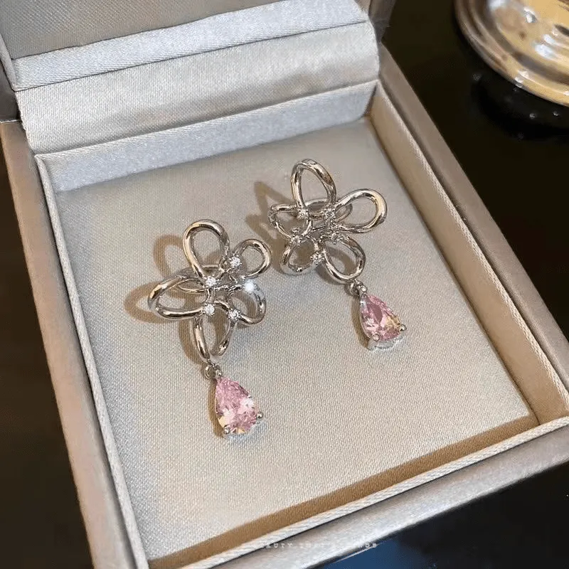 Pink Crystal Floral Dangle Ear Cuff Earrings