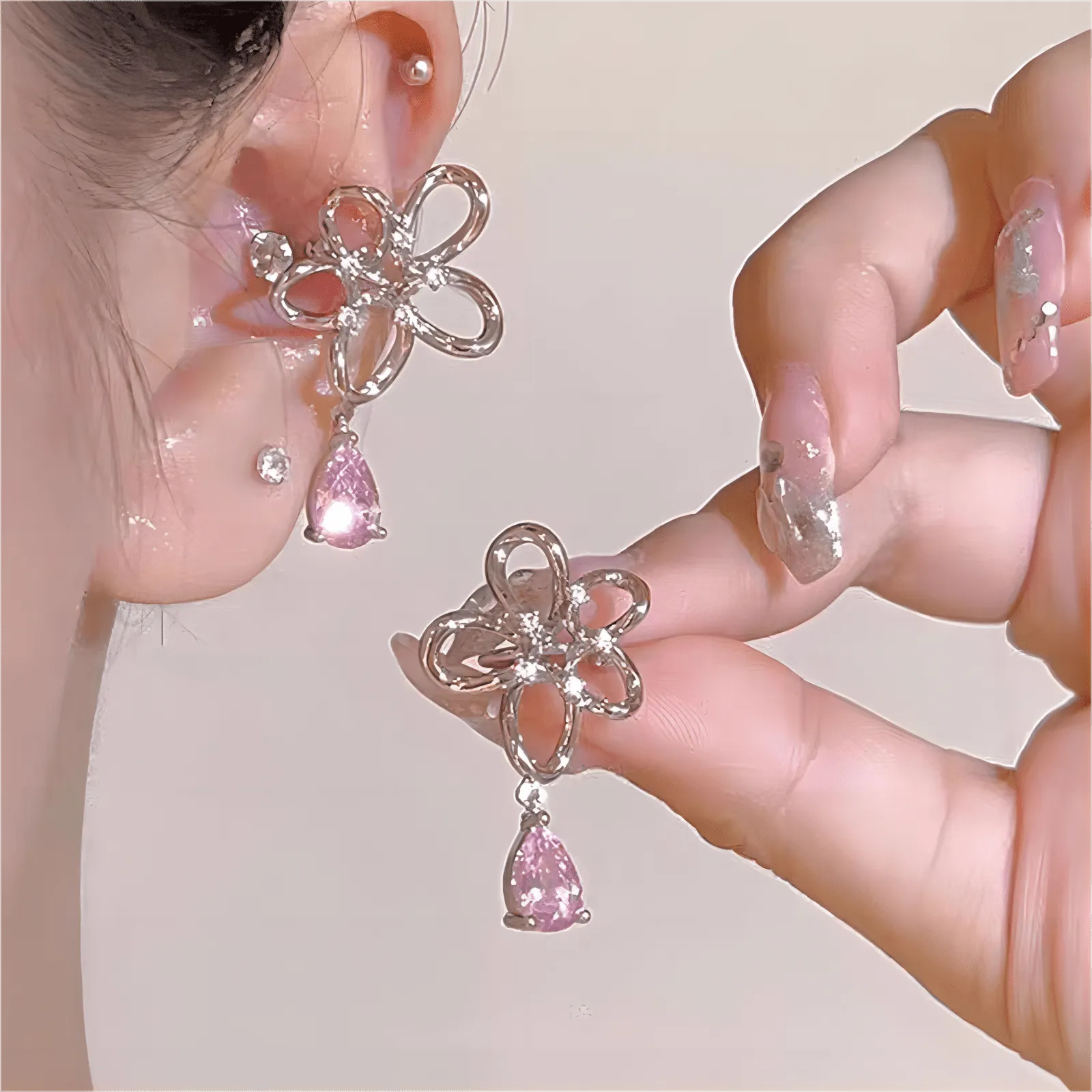 Pink Crystal Floral Dangle Ear Cuff Earrings