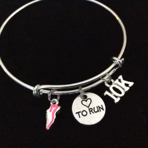 Pink Running Shoe Love to Run 10K Heart Charm on Silver Bracelet Expandable Adjustable Wire Bangle Finish Line Gift Trendy
