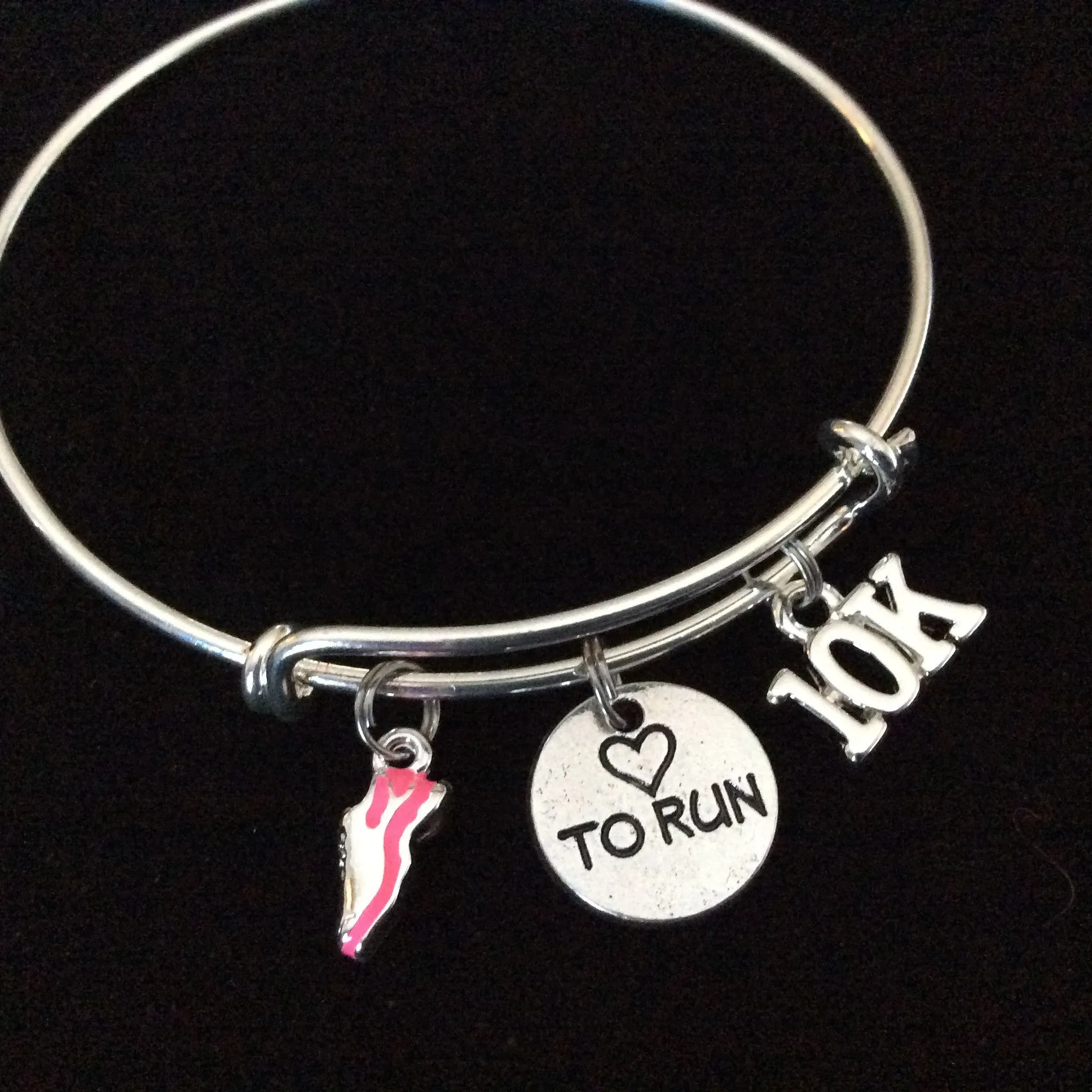 Pink Running Shoe Love to Run 10K Heart Charm on Silver Bracelet Expandable Adjustable Wire Bangle Finish Line Gift Trendy