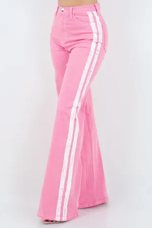 Pink Wide Leg Denim Jeans White Side Stripes