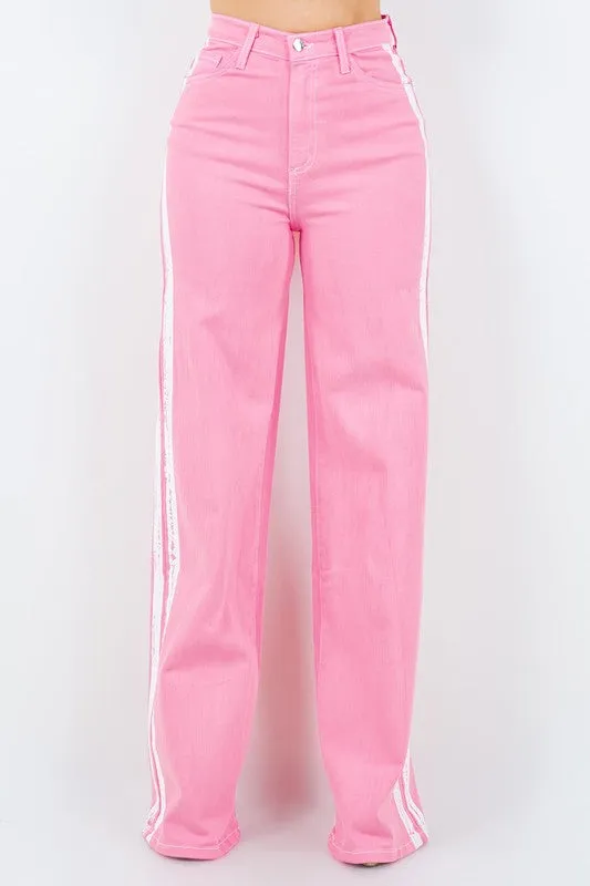 Pink Wide Leg Denim Jeans White Side Stripes